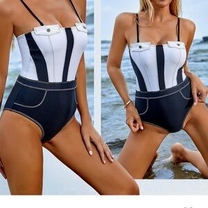 UKINI One Piece Swimsuit High Waisted Slimming Color Faux Pocket Black White XXL